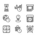 Set Time zone clocks, Work time, Alarm, Calendar spring, World, and Old hourglass icon. Vector