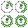 A set of timers, fifteen minutes, thirty minutes, forty-five minutes, one hour. Vector illustration of a timer Royalty Free Stock Photo