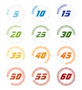 Set of timers. Full rotation arrow timer diagram from 5 second or minutes to 60. Colored flat icons. Modern vector illustration Royalty Free Stock Photo