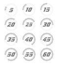 Set of timers. Full rotation arrow timer diagram from 5 second or minutes to 60. Modern vector illustration flat style