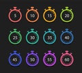 Set of timers and stopwatchs. 5,10,15,20,25,30,35,40,45,50,55,60 minutes Royalty Free Stock Photo