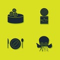 Set Tin can with caviar, Octopus, Served cucumber on plate and Canned fish icon. Vector Royalty Free Stock Photo