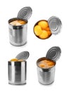 Set of tin cans with conserved peaches