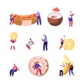 Set of Tiny Male and Female Characters Interacting with Huge Food Hot Dog Donut Banana Coconut and Pineapple Slices