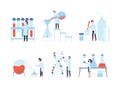 Set of tiny scientists working working with lab scientific equipment in laboratory flat vector illustration