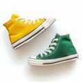 A set of tiny, stylish high-top sneakers in green and yellow, isolated on white background Royalty Free Stock Photo