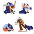 Set with tired and sleepy people. People sleeping in different positions at home and at work