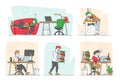 Set of Tired Workers in Office. Overworked Business Characters Sleep on Workplace Desk. Laziness, Emotional Burnout