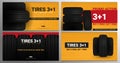 Set of Tires car advertisement posters. Black rubber tire on the background with wheel tire tracks.