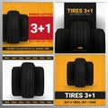 Set of Tires car advertisement posters. Black rubber tire on the background with wheel tire tracks.