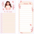 Set of To Do List and Notes. Planner organizer with cute girl with calendar on decorative floral background. Vector