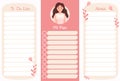 Set of To Do List and Notes. Planner organizer with cute girl with calendar on decorative floral pink background. Vector