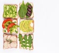 Set with toast bread and different vegan toppings on white background, top view. Toasts with avocado, spinach, arugula and other