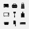 Set Toaster, Cooking pot, Grater, Meat chopper, Air conditioner, Microwave oven and Kitchen hammer icon. Vector Royalty Free Stock Photo