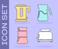 Set Toaster, Electric kettle, Coffee turk and Jug glass with water icon. Vector