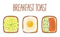 Set of toasts for breakfast with different fillings. Toasts with avocado, egg, salmon and cucumber. Vector illustration