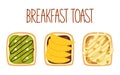 Set of toasts for breakfast with different fillings. Toasts with kiwi, mango and cococnut flakes, pear and walnut. Vector