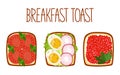 Set of toasts for breakfast with different fillings. Toasts with tomatos, cooked egg and radish, caviar and greens. Vector