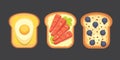 Set toasts and sandwich breakfast. Bread toast with jam, egg, cheese, blueberry, peanut butter, salami, fish. Flat