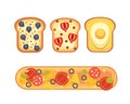 Set toasts and sandwich breakfast. Bread toast with jam, egg, cheese, blueberry, peanut butter, salami, fish. Flat