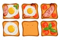 Set of toasts and sandwiches with. Slices of bread with eggs, bacon, tomatoes. vector illustration isolated on white Royalty Free Stock Photo