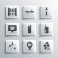 Set Tobacco leaf, Medical nicotine patches, Electronic cigarette, Lighter, Disease lungs, Cigar and icon. Vector