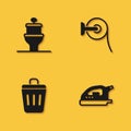 Set Toilet bowl, Electric iron, Trash can and paper roll icon with long shadow. Vector