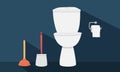Set of toilet bowl, toilet paper roll, toilet brush, and plunger with long shadow in flat style vector illustration Royalty Free Stock Photo