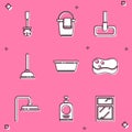 Set Toilet brush, Bucket with rag, Mop, Rubber plunger, Plastic basin, Sponge, Shower head and Hand sanitizer bottle