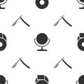 Set Toilet paper roll, Round makeup mirror and Straight razor on seamless pattern. Vector