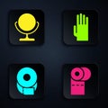 Set Toilet paper roll, Round makeup mirror, Toilet paper roll and Rubber gloves. Black square button. Vector