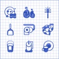 Set Toilet paper roll, Washing dishes, Socks, Bucket with rag, Dustpan, brush and icon. Vector
