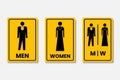 Set toilet signs with black border yellow base color and text inscription on isolated background Royalty Free Stock Photo