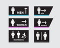 Set of toilet signs on white background. Men and women restroom icon sign right arrow. Disabled wheelchair icon. vector Royalty Free Stock Photo