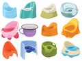 Set of toilets for children. Collection of toilet pots for kids. Vector illustration of a baby pot.