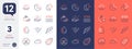 Set of Tomato, Almond nut and Sunset line icons. For design. Vector