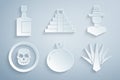 Set Tomato, Mexican man sombrero, skull coin, Agave, Chichen Itza Mayan and Tequila bottle icon. Vector Royalty Free Stock Photo