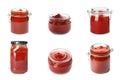 Set of tomato sauces in glass jars on background