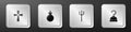 Set Tombstone with cross, Bomb ready explode, Neptune Trident and Pirate hook icon. Silver square button. Vector Royalty Free Stock Photo