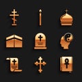 Set Tombstone with cross, Christian, Cross ankh book, Yin Yang, Decree, paper, parchment, scroll, Kaaba mosque, Church