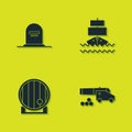 Set Tombstone with RIP written, Cannon cannonballs, Wooden barrel and Ship icon. Vector