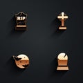 Set Tombstone with RIP written, cross, Moon and stars and icon with long shadow. Vector