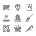 Set Tombstone with RIP written, Halloween witch cauldron, Knife, Witches broom, cross, Guillotine and icon. Vector