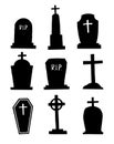 Set of tombstones for halloween objects. Graveyard hand drawn silhouettes on white background