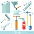 Set of tool and equipments flat icons on white. platen, scissors, anvil, canister, funnel, pickaxe, shovel, pump, wrench Royalty Free Stock Photo