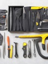 Set of tools in a box on a light background, top view with Generative AI Royalty Free Stock Photo