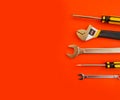 Set of tools on a colored background equipment Royalty Free Stock Photo