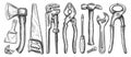 Set of tools for construction or repair work. Clamping pliers, hammer, screwdriver, hacksaw, wrench, plumbing key