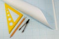 Set of tools for drawing on an graph paper. Ruler, compass, pencil on sheet of paper for drawing Royalty Free Stock Photo