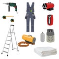 set of tools and equipment for installing a stretch ceiling